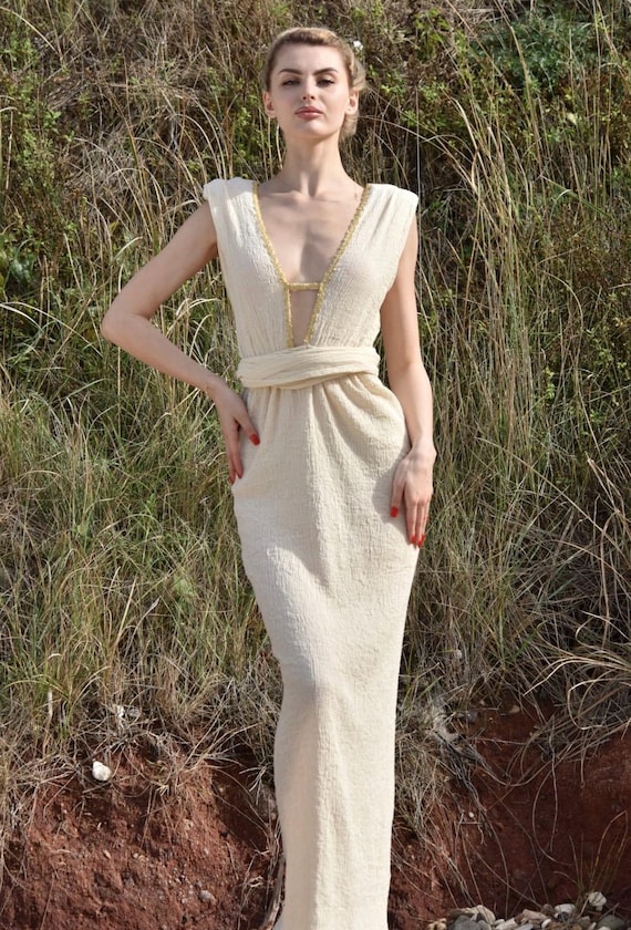 Boho Off White Simple Wedding Dress:Linen Goddess Dress,Backless Egyptian Costume Boho Off White Simple Wedding Dress:Linen Goddess Dress,Backless Egyptian Costume