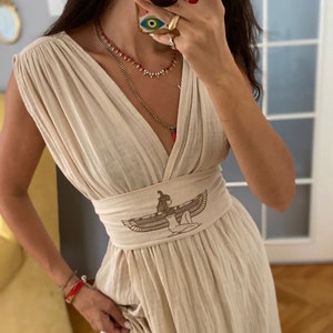 Vestido de diosa, vestido egipcio, vestido largo de verano, disfraz de Cleopatra, vestido de novia bohemio, vestido sin espalda, vestido con abertura alta, vestido de gasa de lino, regalos
