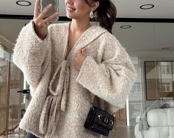 Lamb Wool Tied,Warm Coat Women Fashion,Comfortable Oversized Long Sleeve Jacket,Cute Fleece Sweater,Cozy Oversized Women&#39;s Wool Jacket,Gift