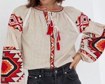 Elegante blusa de bordado étnico, blusa de recurso con bordado, Vyshyvanka de verano ucraniano bordado para mujer, blusa hermosa, top boho