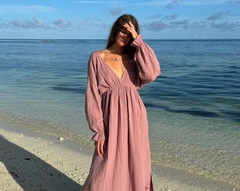 Linen Gauze Goddess Dress: Backless Boho Maxi with High Slit
