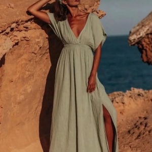 Linen Gauze Goddess Dress: Backless High Slit Boho Caftan