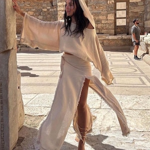 Boho Linen Skirt Top Set: High Slit Maxi Dress, Beach Cover Up