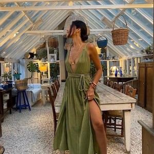 Goddess Dress,Long Summer Dress,Cleopatra Costume,Egyptian Dress,Linen Boho Maxi Dress,Backless Dress,Priestess Dress,High Slit Dress,Gift
