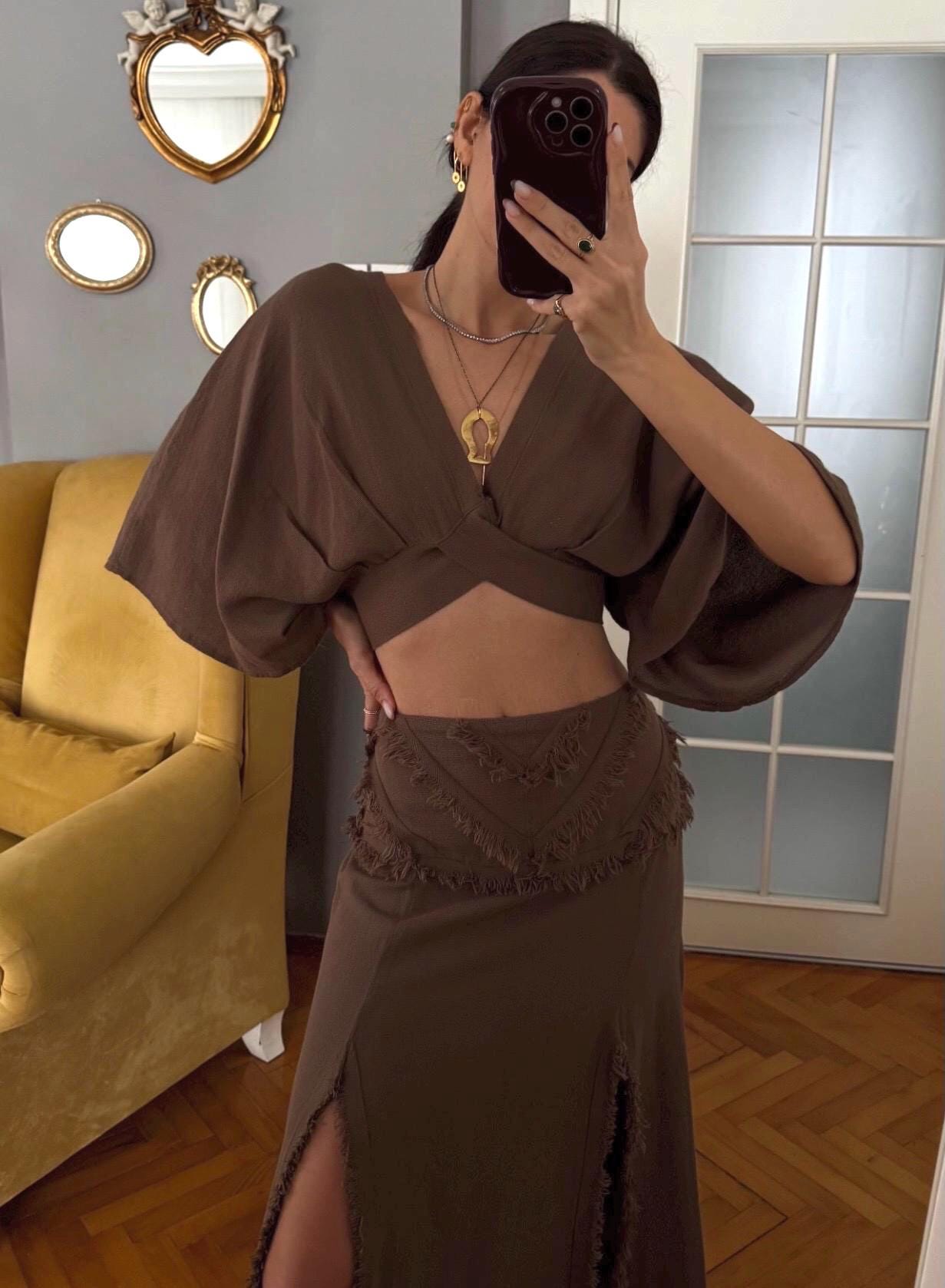Göttin High Slit Rock Set, Kleopatra Kostüm, ägyptisches Kleid, Leinen Top und Rock Set, zweiteiliger Rock Set, Rave Outfit, Strand Boho Outfit, Geschenk