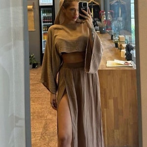 High Slit Skirt Set,Maxi Skirt Dress,Boho Beach Cover-up,Linen Top Set,Two Piece Skirt Set,Yoga Clothing,Beach Boho Outfit,Goddess Dress