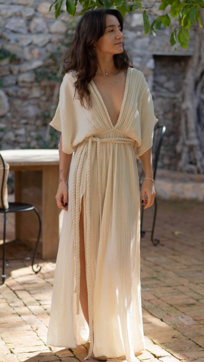 Vestido de diosa, traje de Cleopatra, vestido largo de verano, vestido de corte alto, vestido Cottagecore, vestido de novia boho, vestido de gasa de lino, vestido egipcio Beis