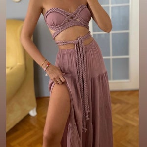 Goddess Dress,Boho Skirt and Top Set:Maxi High Slit Skirt,Egyptian Costume,Gift