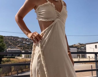 Linen Gauze Goddess Dress: Backless High Slit Summer Maxi