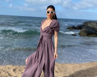Linen Gauze Goddess Dress: Backless Boho Wedding, High Slit
