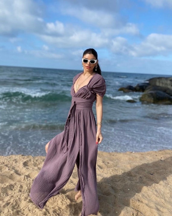 gauze dresses for beach wedding Linen Gauze Goddess Dress: Backless Boho Wedding, High Slit