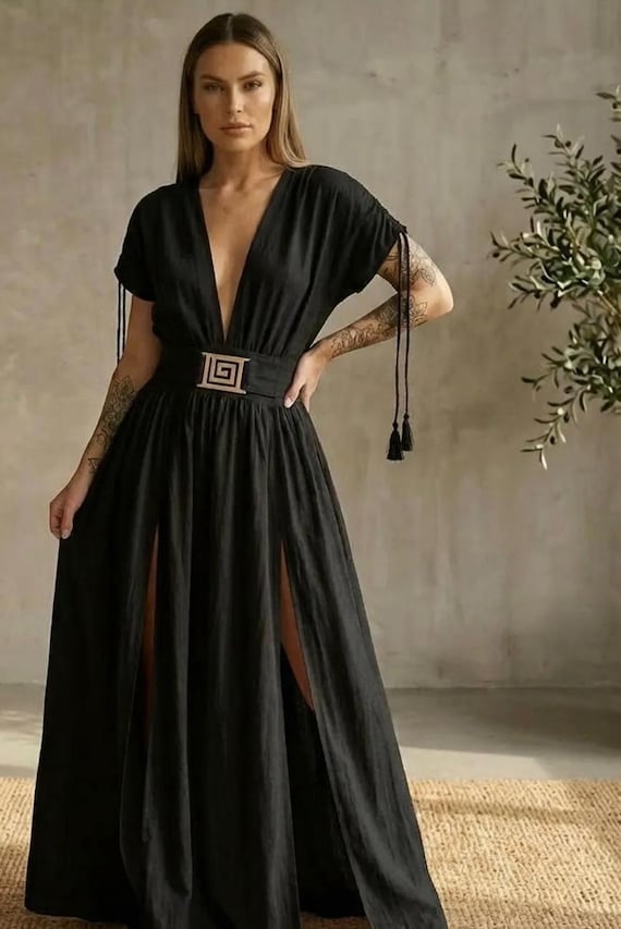egyptian black dress Black Linen Goddess Dress,egyptian Costume,boho Deep V Neck Gown ,boho  Resort Wear