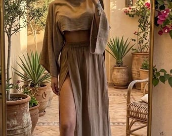 Boho Organic Cotton Maxi Skirt Set:Goddess Two Piece, High Slit Sacred Wear,Gift