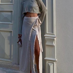 Linen Boho Maxi Skirt: Goddess Wrap Dress, High Slit Summer Skirt Beige