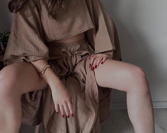 Boho Cotton Two-Piece Set: High Slit Wide Leg Pants and Top,Meditational Clothing,Yoga(Sarah just Pants)