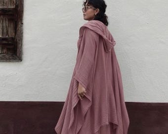 Cotton Boho Maxi Dress with Hooded Cape • Goddess Gown • Resort Wear • Sacred Priestess