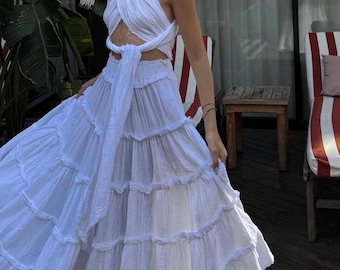 Organic Cotton Boho Maxi Dress:Goddess Wedding Costume,Egyptian Flowy Beach Gown
