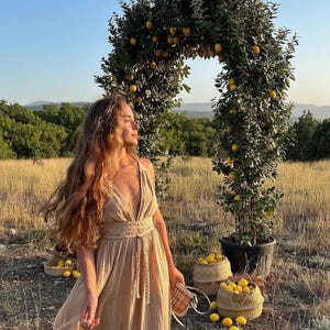 Puede incluir: Una mujer con un vestido beige fluido está en un campo con un arco de limonero. Cestas llenas de limones están esparcidas alrededor de la base del árbol. La escena está bañada por la cálida luz del sol, creando una estética serena y natural.