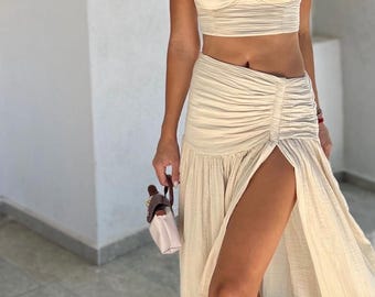 Boho ekologisk bomull tvådelat set: Kjol och topp med hög slits, Gudinnaklänning, Festival