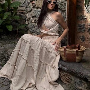 Organic Cotton Boho Maxi Dress:Goddess Wedding Costume,Egyptian Flowy Beach Gown Beige