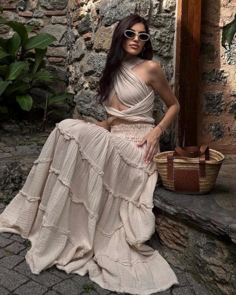 Organic Cotton Boho Maxi Dress:Goddess Wedding Costume,Egyptian Flowy Beach Gown Beige