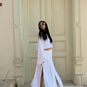 Linen Boho Maxi Skirt: Goddess Wrap Dress, High Slit Summer Skirt image 9