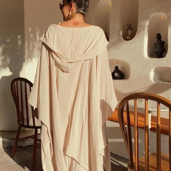 Boho Cotton Muslin Kimono Caftan - Hooded Maxi Kimono,Hoodie Cape