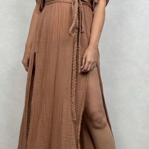 Goddess Dress,Cleopatra Costume,Long Summer Dress,High Slit Dress,Cottagecore Dress,Boho Wedding Dress,Linen Gauze Dress,Egyptian Dress mocha