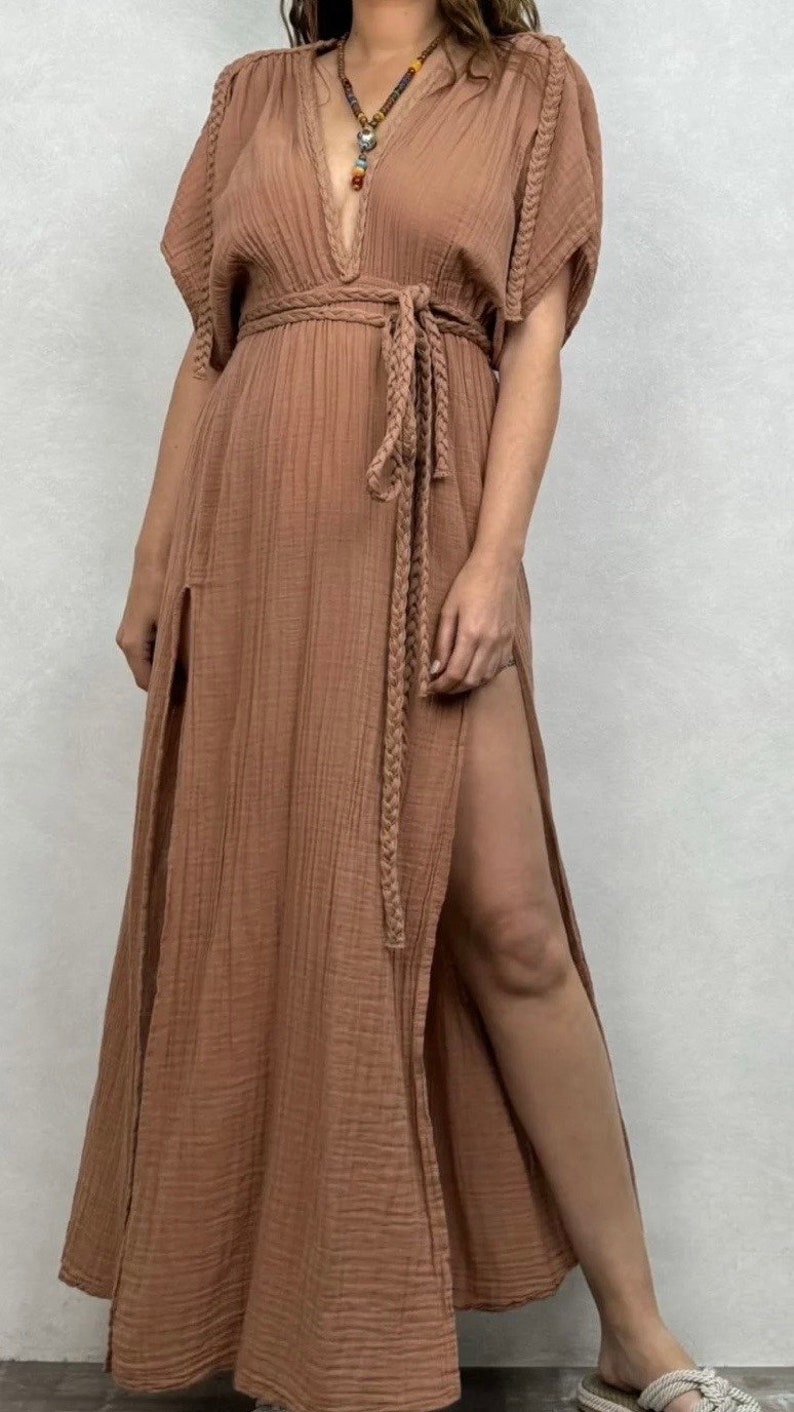 Goddess Dress,Cleopatra Costume,Long Summer Dress,High Slit Dress,Cottagecore Dress,Boho Wedding Dress,Linen Gauze Dress,Egyptian Dress mocha