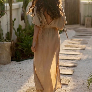 Goddess Dress,Cleopatra Costume,Long Summer Dress,High Slit Dress,Cottagecore Dress,Boho Wedding Dress,Linen Gauze Dress,Egyptian Dress Sand Beige