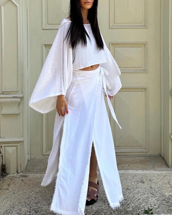 Linen Boho Maxi Skirt: Goddess Wrap Dress, High Slit Summer Skirt