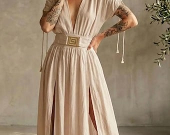 Linen Gauze Goddess Dress: Boho Beige Simple Wedding Dress,Vacation Wear,Photoshoot Gown