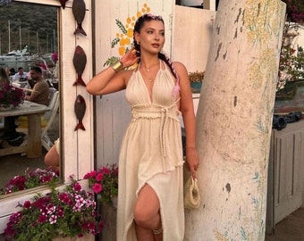 Boho Goddess Maxi Dress: Organic Turkish Cotton High Slit,Grecian,Wedding Guest Gown,Gift
