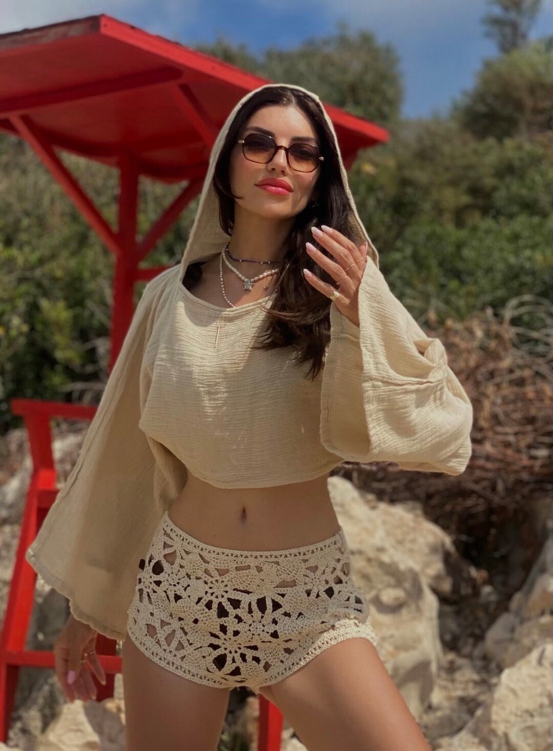 Chemisier bohème en lin, haut en lin, vêtements chamaniques, haut à capuche, camouflage de plage, haut en coton, tenue de yoga, vêtements hippie,