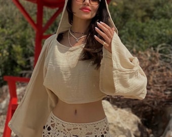 Boho Leinen Bluse,Leinen Top,schamanische Kleidung,Hoodie Top,Beach Cover Up,Baumwolltop,Yoga Outfit,Hippie Kleidung,Azteken Bluse,Priesterin Bluse