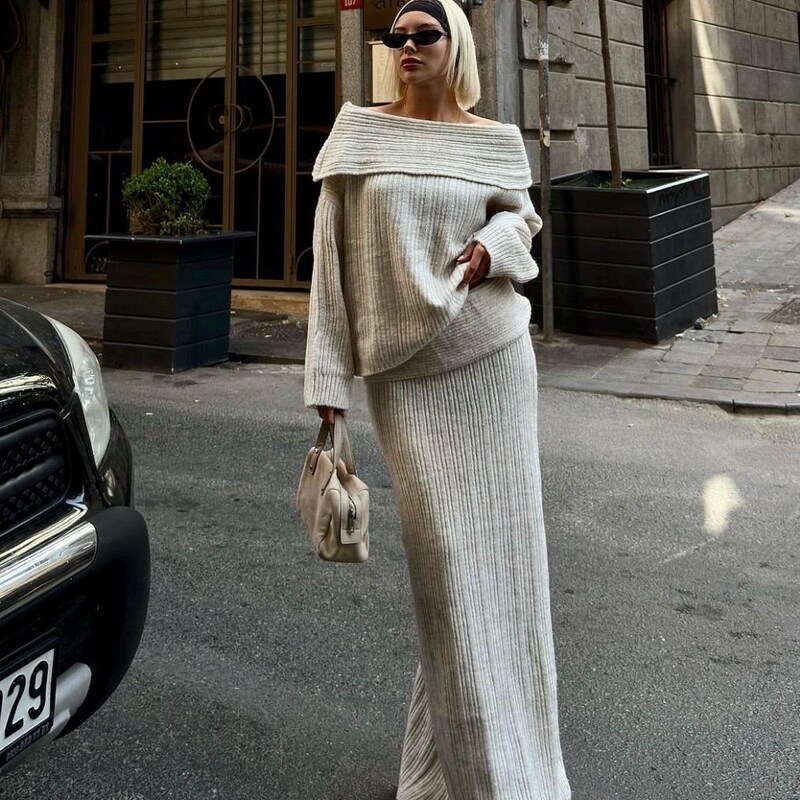 Sweater&Split Skirt Thermal Knitted 2Pcs
