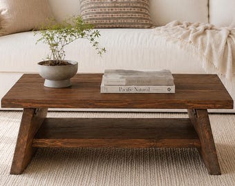 Solid Wood Coffee Table With Shelf, Vintage, Wooden, Reclaimed Living Room Furniture, Mid Century Modern, Minimalist, Scandinavian, 2-Tier