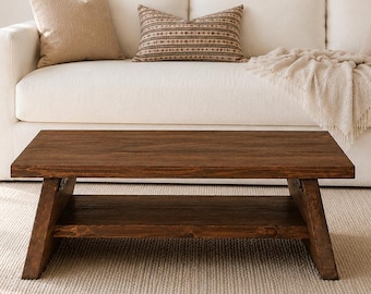Solid Wood Coffee Table With Shelf, Wooden Coffee Table, Handmade Living Room Table, Modern Minimalist Furniture
