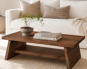 Solid Wood Coffee Table With Shelf, Wooden Coffee Table, Handmade Living Room Table, Modern Minimalist Furniture