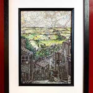 Haworth dorp kunstprint. Pentekening over de kaart van West-Yorkshire. A4 Niet ingelijst