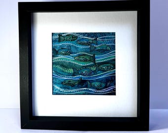 Originele kunst ingelijste visfoto. Gemengde techniek: 17 x 17 cm