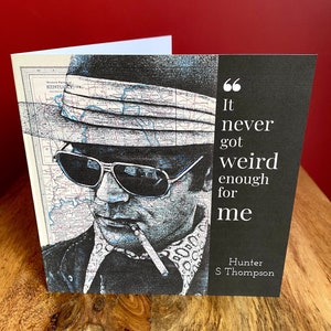 Carte d'anniversaire inspirée de Hunter S Thompson. Dessin sur carte. Blanc à l'intérieur