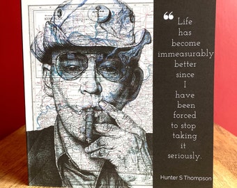 Hunter S Thompson Inspired Greeting Birthday Card. Rysunek na mapie z cytatem