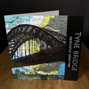 Tyne Bridge Greeting Birthday Card. Pen drawing on Map. Blank inside