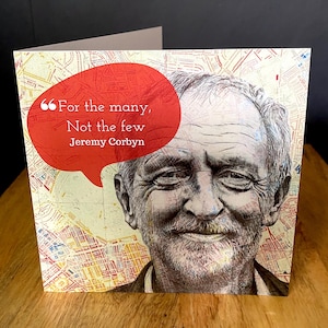 Op Jeremy Corbyn geïnspireerde wenskaart. Pentekening op kaart North Islington. Blanco