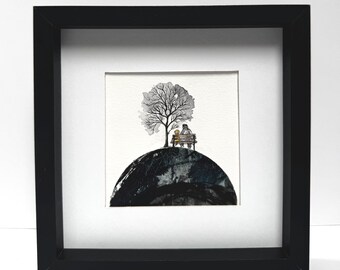 Originalkunstwerk Mann & Hund auf einer Bank, unter einem Baum, gerahmtes Bild, Feder und Tusche