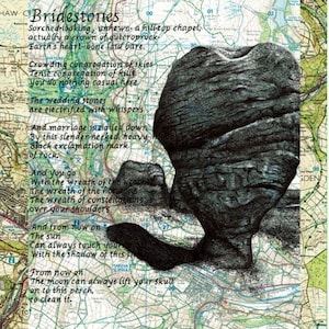 Bridestones Rocks Art Print. Pentekening over kaart van Todmorden (West-Yorkshire). 20,5 x 25 cm, ingelijst