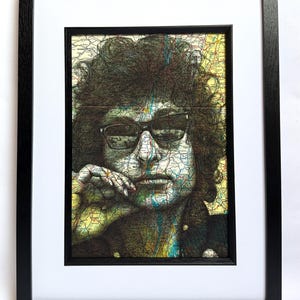Impression portrait inspirée de Bob Dylan. Dessin au stylo sur une carte de l'État de New York. A4 sans cadre