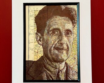 Portret inspirowany George'em Orwellem. Rysunek piórem na mapie Oxfordshire. Format A4, bez ramki.