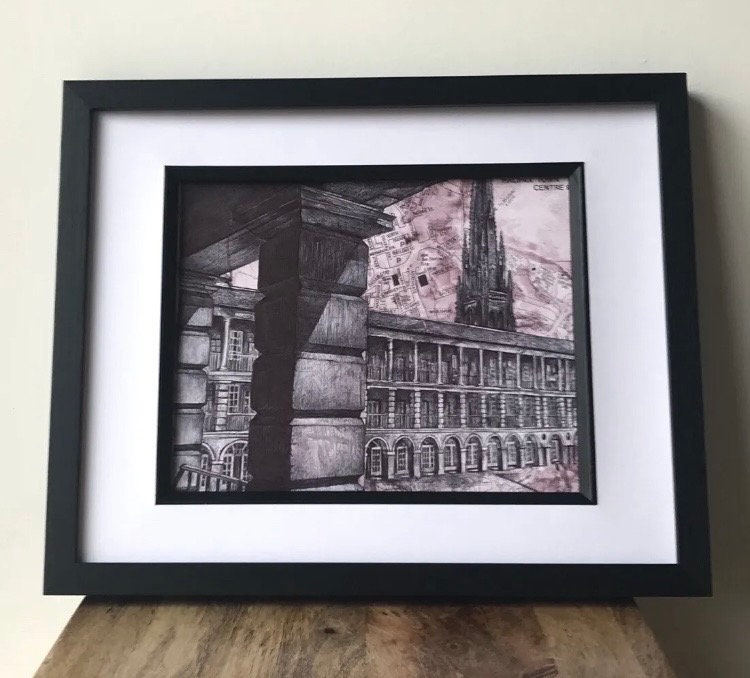 The Piece Hall Art Print. Pen drawing over map of Halifax, West Yorkshire . 20x25cm Unframed